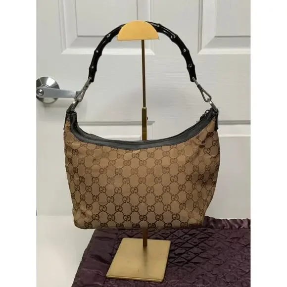 Authentic Gucci Vintage GG Canvas Bamboo Handle Hobo Bag - Picture 3 of 12